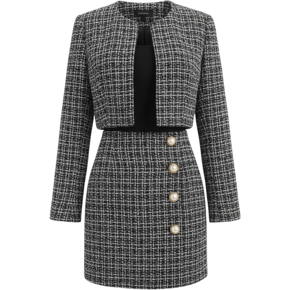 Amazon Women Black White Tweed 2 Piece Skirt Suit Set Faux Pearl Buttons Size S
